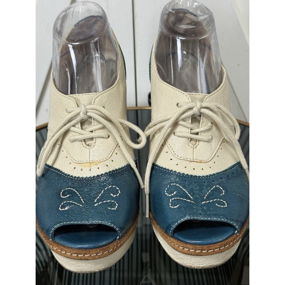 Anthropologie Pilcro Cream and Teal Leather Wedge Oxfordsππ - Picture 7 of 13